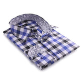 Blue Check with Paisley Mens Slim Fit Designer Dress Shirt - tailored Cotton Shirts for Work and Casual Wear - Amedeo Exclusive
